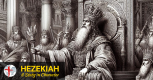 A black and white image of King Hezekiah with a long beard and crown, sitting on the throne of Judah with counselors sitting around the throne.